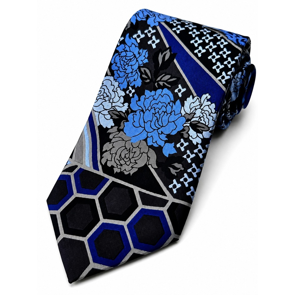 Versace Mens 100% Silk Tie Blue Black Floral Geometric Designer Necktie 60"